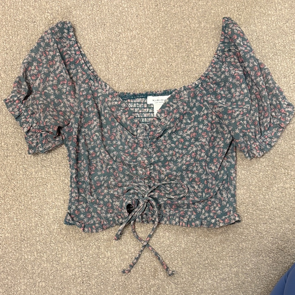 Floral Puff Sleeve Tie Front Crop Top Green Pink
